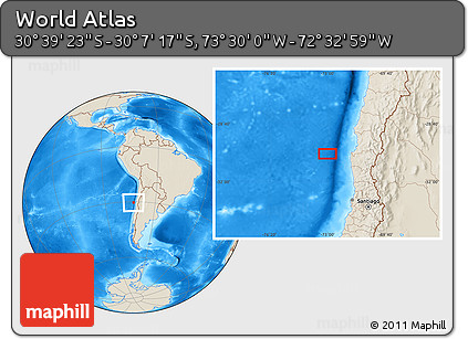 Shaded Relief Location Map of the Area around 30° 23' 20" S, 73° 1' 30" W