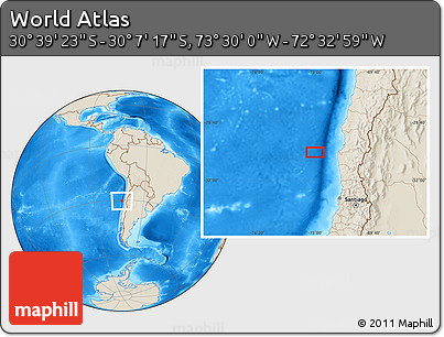 Shaded Relief Location Map of the Area around 30° 23' 20" S, 73° 1' 30" W