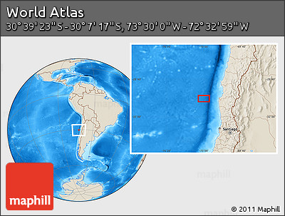 Shaded Relief Location Map of the Area around 30° 23' 20" S, 73° 1' 30" W