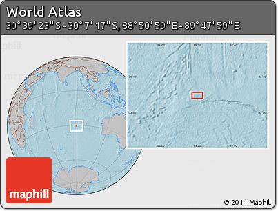 Gray Location Map of the Area around 30° 23' 20" S, 89° 19' 29" E, hill shading