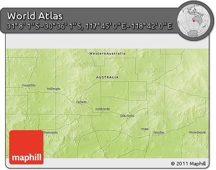 Physical 3D Map of the Area around 30° 52' 1" S, 118° 13' 29" E