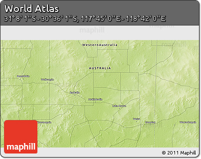 Physical 3D Map of the Area around 30° 52' 1" S, 118° 13' 29" E