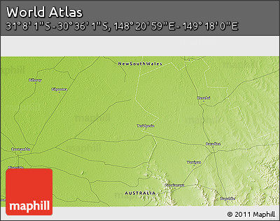 Physical 3D Map of the Area around 30° 52' 1" S, 148° 49' 29" E