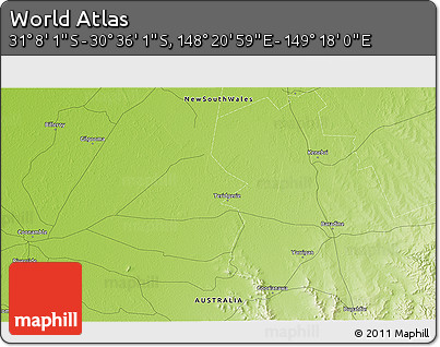 Physical 3D Map of the Area around 30° 52' 1" S, 148° 49' 29" E
