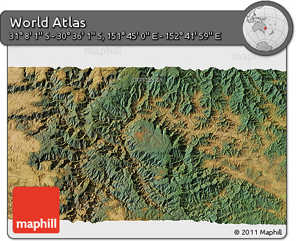 Satellite 3D Map of the Area around 30° 52' 1" S, 152° 13' 29" E