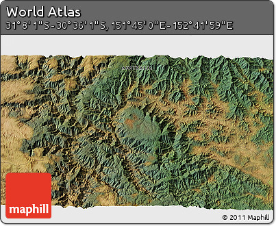 Satellite 3D Map of the Area around 30° 52' 1" S, 152° 13' 29" E