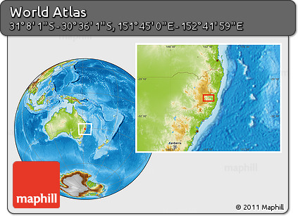 Physical Location Map of the Area around 30° 52' 1" S, 152° 13' 29" E