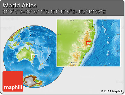 Physical Location Map of the Area around 30° 52' 1" S, 152° 13' 29" E