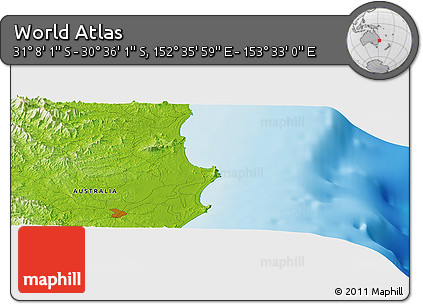 Physical Panoramic Map of the Area around 30° 52' 1" S, 153° 4' 29" E