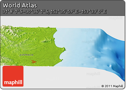 Physical Panoramic Map of the Area around 30° 52' 1" S, 153° 4' 29" E
