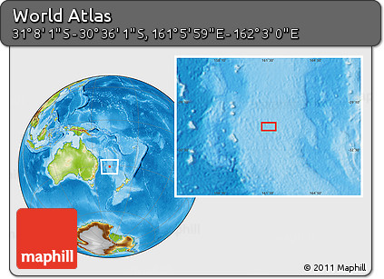 Physical Location Map of the Area around 30° 52' 1" S, 161° 34' 29" E