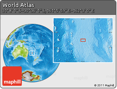 Physical Location Map of the Area around 30° 52' 1" S, 161° 34' 29" E