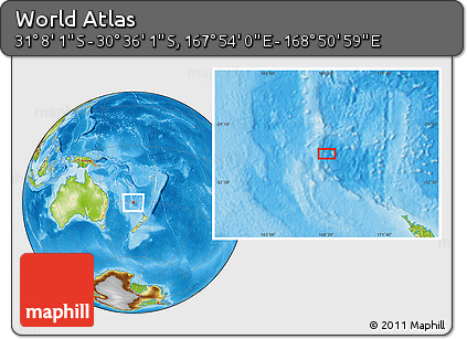Physical Location Map of the Area around 30° 52' 1" S, 168° 22' 30" E