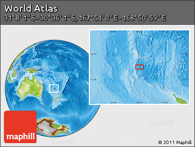 Physical Location Map of the Area around 30° 52' 1" S, 168° 22' 30" E