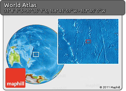 Physical Location Map of the Area around 30° 52' 1" S, 168° 13' 29" W