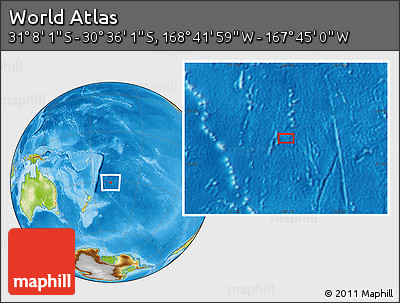 Physical Location Map of the Area around 30° 52' 1" S, 168° 13' 29" W
