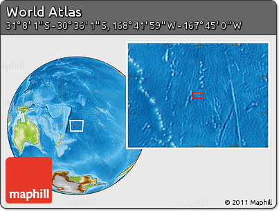 Physical Location Map of the Area around 30° 52' 1" S, 168° 13' 29" W
