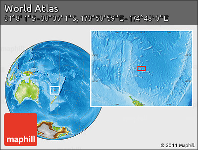 Physical Location Map of the Area around 30° 52' 1" S, 174° 19' 29" E