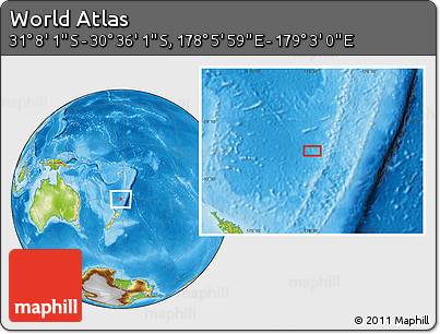 Physical Location Map of the Area around 30° 52' 1" S, 178° 34' 29" E