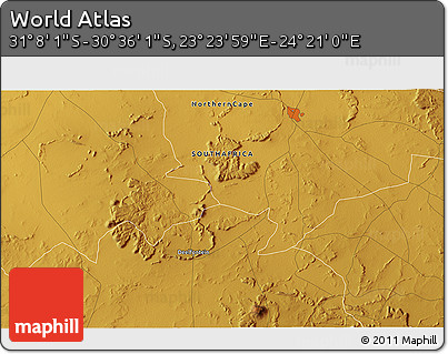 Physical 3D Map of the Area around 30° 52' 1" S, 23° 52' 30" E