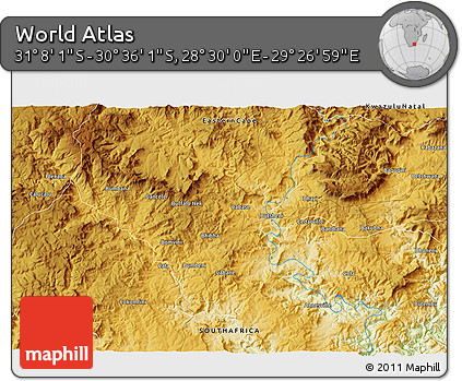 Physical 3D Map of the Area around 30° 52' 1" S, 28° 58' 30" E
