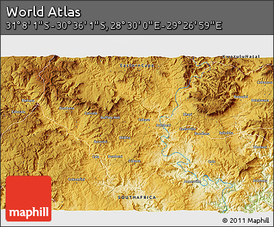 Physical 3D Map of the Area around 30° 52' 1" S, 28° 58' 30" E
