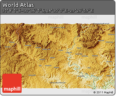 Physical 3D Map of the Area around 30° 52' 1" S, 28° 58' 30" E