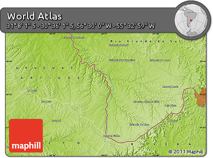 Physical Map of the Area around 30° 52' 1" S, 56° 1' 29" W