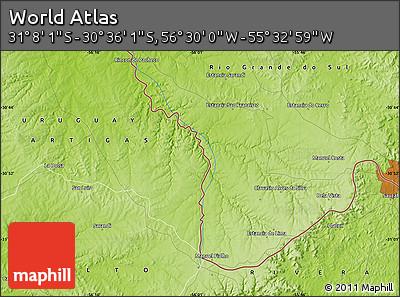Physical Map of the Area around 30° 52' 1" S, 56° 1' 29" W