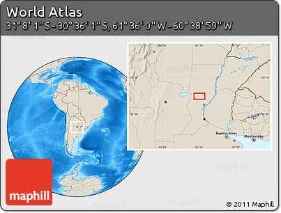 Shaded Relief Location Map of the Area around 30° 52' 1" S, 61° 7' 30" W