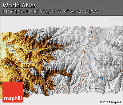 Physical 3D Map of the Area around 30° 52' 1" S, 70° 28' 29" W