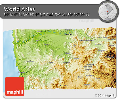 Physical 3D Map of the Area around 30° 52' 1" S, 71° 19' 29" W