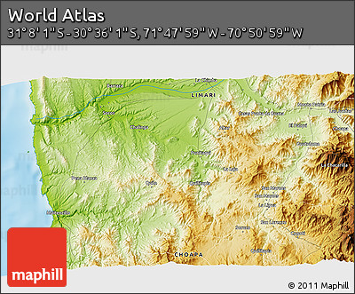 Physical 3D Map of the Area around 30° 52' 1" S, 71° 19' 29" W