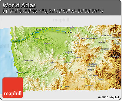 Physical 3D Map of the Area around 30° 52' 1" S, 71° 19' 29" W