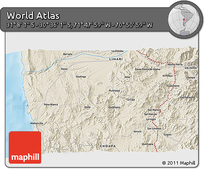 Shaded Relief 3D Map of the Area around 30° 52' 1" S, 71° 19' 29" W