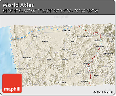 Shaded Relief 3D Map of the Area around 30° 52' 1" S, 71° 19' 29" W