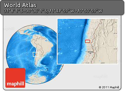 Shaded Relief Location Map of the Area around 30° 52' 1" S, 71° 19' 29" W