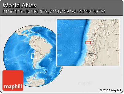 Shaded Relief Location Map of the Area around 30° 52' 1" S, 71° 19' 29" W