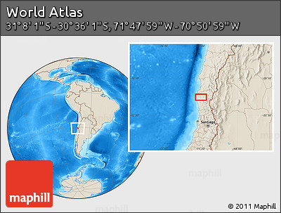 Shaded Relief Location Map of the Area around 30° 52' 1" S, 71° 19' 29" W
