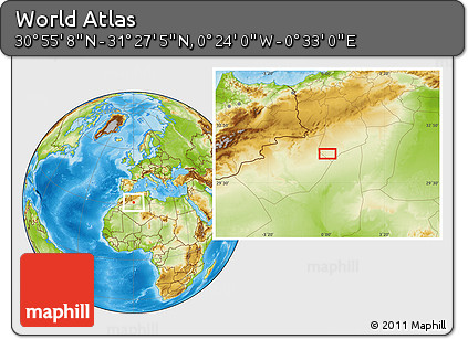 Physical Location Map of the Area around 31° 11' 6" N, 0° 4' 30" E