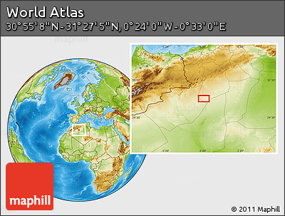 Physical Location Map of the Area around 31° 11' 6" N, 0° 4' 30" E