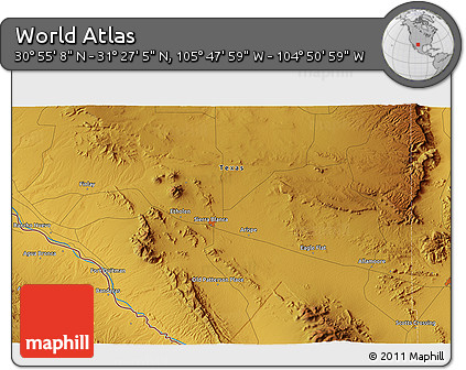 Physical 3D Map of the Area around 31° 11' 6" N, 105° 19' 29" W