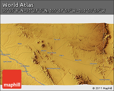 Physical 3D Map of the Area around 31° 11' 6" N, 105° 19' 29" W