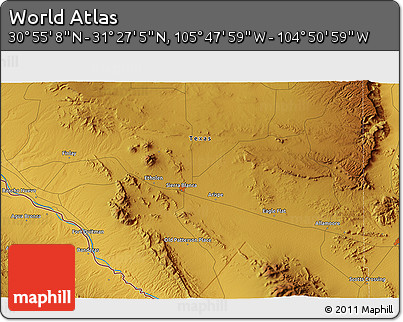 Physical 3D Map of the Area around 31° 11' 6" N, 105° 19' 29" W