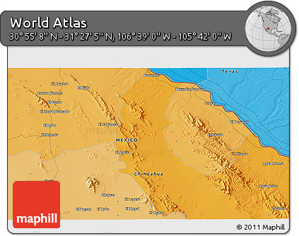 Political 3D Map of the Area around 31° 11' 6" N, 106° 10' 30" W
