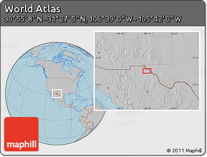 Gray Location Map of the Area around 31° 11' 6" N, 106° 10' 30" W, hill shading