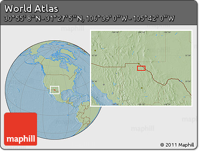 Savanna Style Location Map of the Area around 31° 11' 6" N, 106° 10' 30" W, hill shading