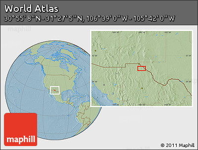 Savanna Style Location Map of the Area around 31° 11' 6" N, 106° 10' 30" W, hill shading