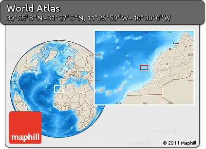 Shaded Relief Location Map of the Area around 31° 11' 6" N, 10° 58' 29" W