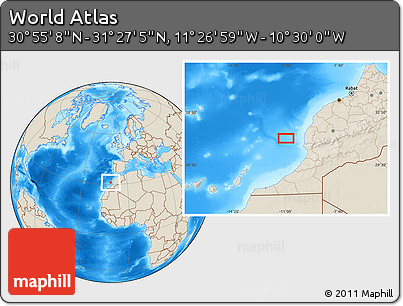 Shaded Relief Location Map of the Area around 31° 11' 6" N, 10° 58' 29" W